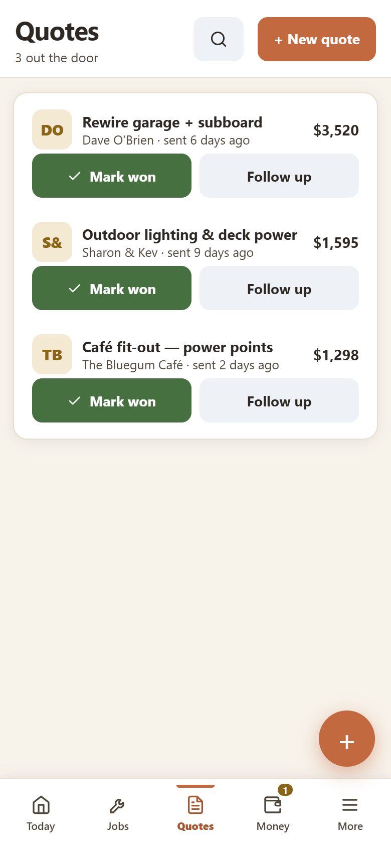 Yamate quotes screen — three quotes out the door