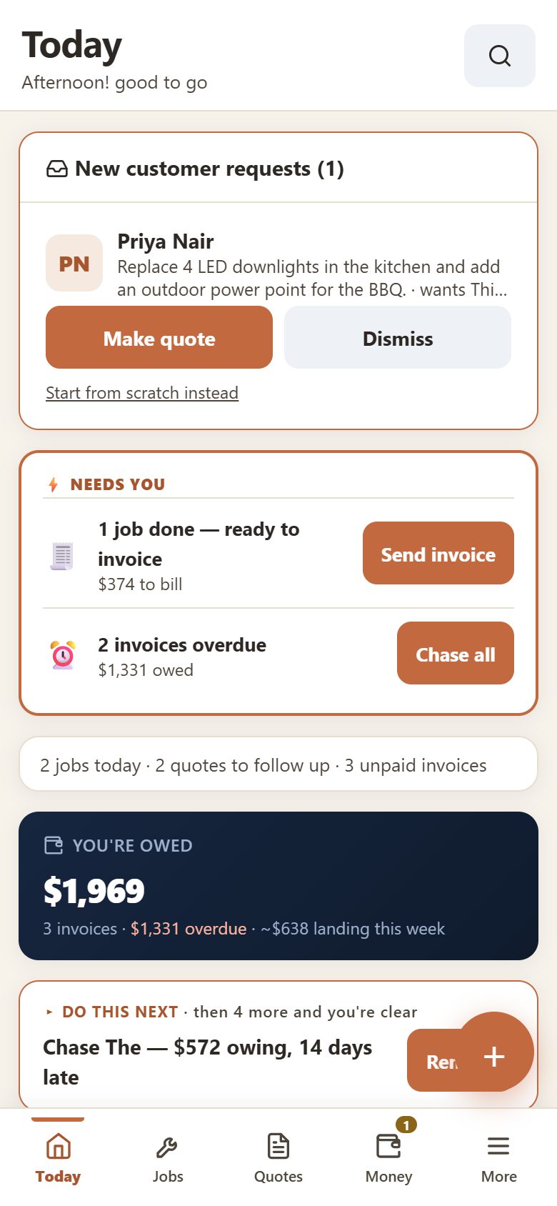 Yamate Today screen — new request, jobs to invoice, money owed